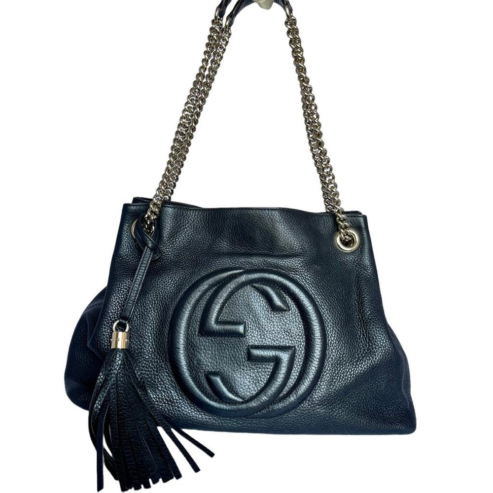 💎✨Authentic✨💎 GUCCI SOHO Leather Chain Shoulder Bag Black 308982 Used F/S